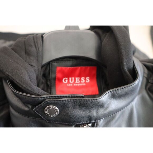 GUESS Men's Sz S Jet Black Faux-Leather Detachable-Hood Motorcycle Jacket - Picture 6 of 13